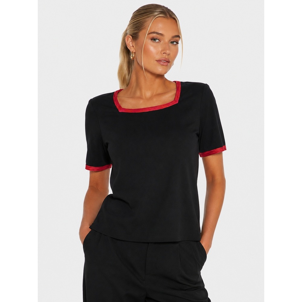 Exclusively Misook  Black Red Trim Acrylic Knit Short Sleeve Top XL